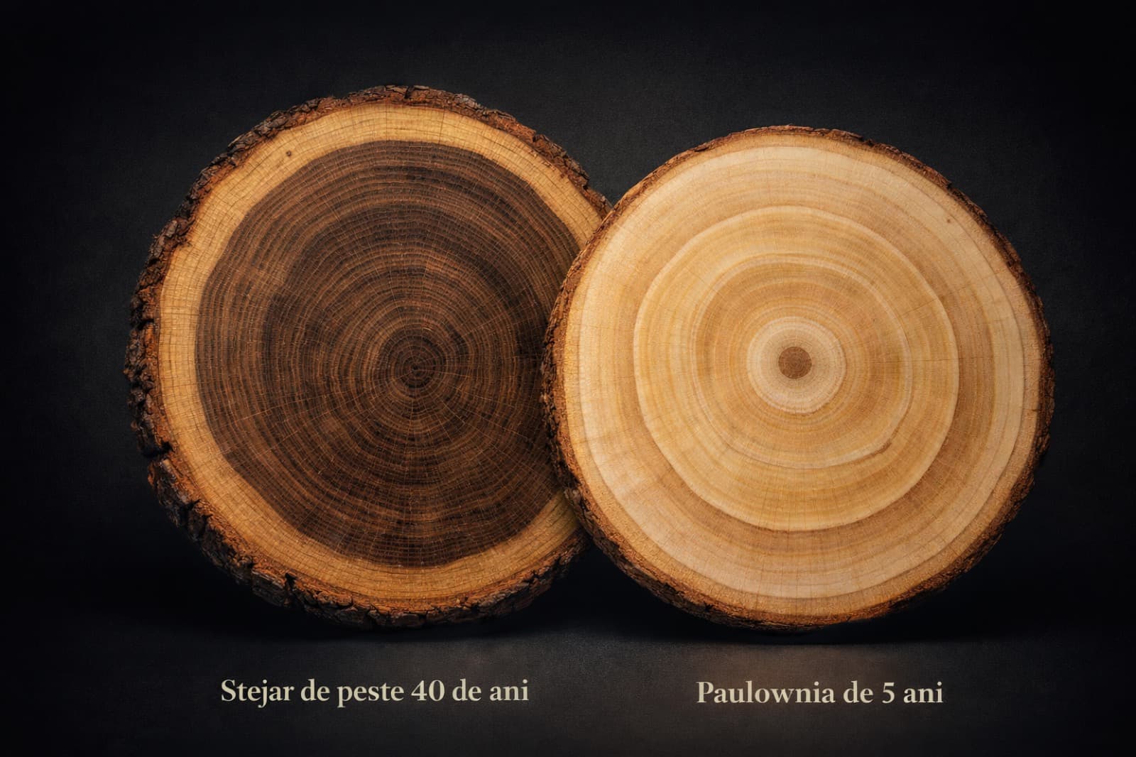 Comparație vizuală între secțiune de stejar matur și secțiune de Paulownia tânără